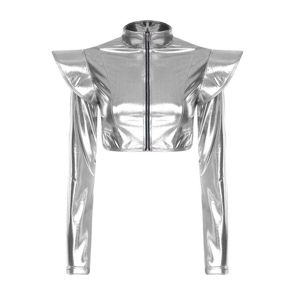 S-3XL Women Iridescent Metallic Crop Jacket Long Sleeve Structured Shoulder Boards Stand Collar Front Zipper for Club Raves Party