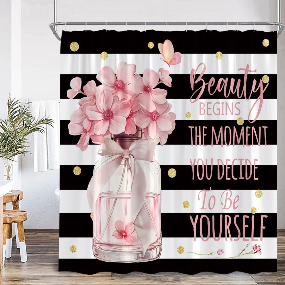 Perfume Black White Stripes Shower Curtains Pink Flowers Beauty Red Lips Leopard Bathroom Decor Modern Polyester Bath Curtains