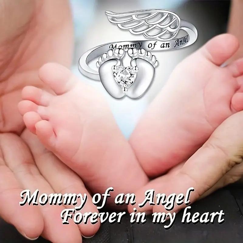Baby Footprint Ring, Angel Lettering Jewelry, Mom Gift Fashion Design Sense