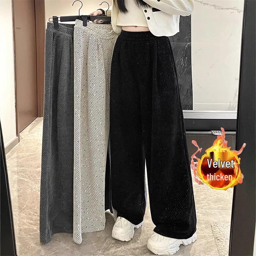 Women's 2024 Autumn/Winter Fleece-Lined Wide-Leg Striped Pants