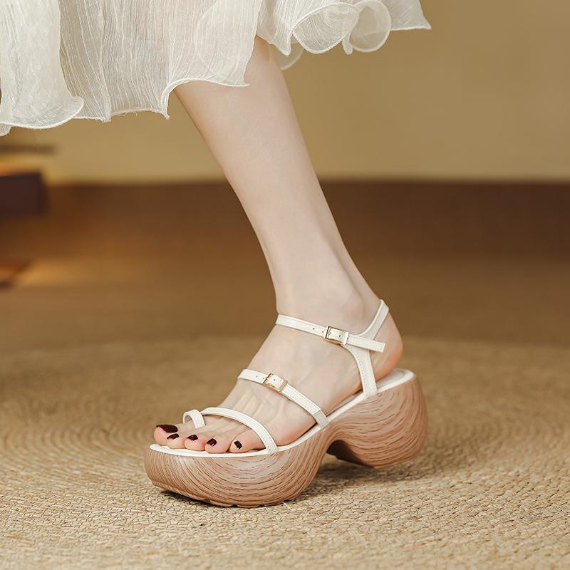 Wood grain thick-soled wedge heel sandals women's summer new muffin bottom small man height increase thin strap set toe Roman women's sandals