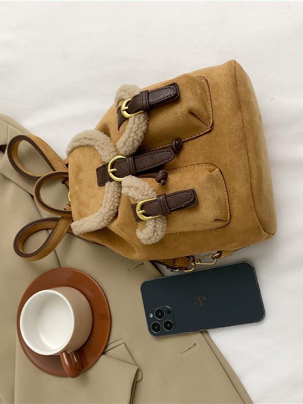 2025 Autumn/Winter Women's Retro Lambswool Color Block Handbag Backpack