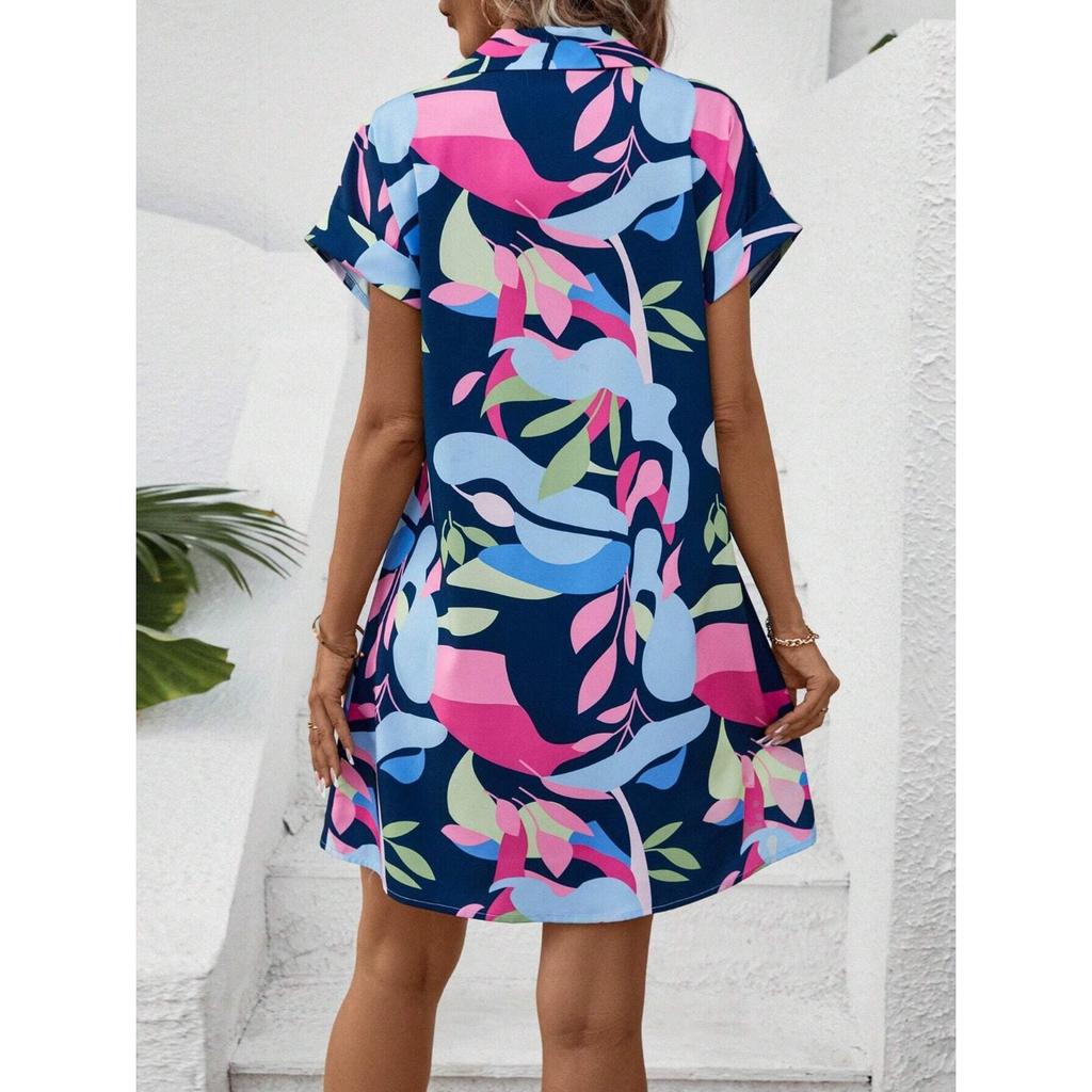 IHUASU Women's Summer Fashion Color Floral Print Cardigan Short Sleeve Shirtdress