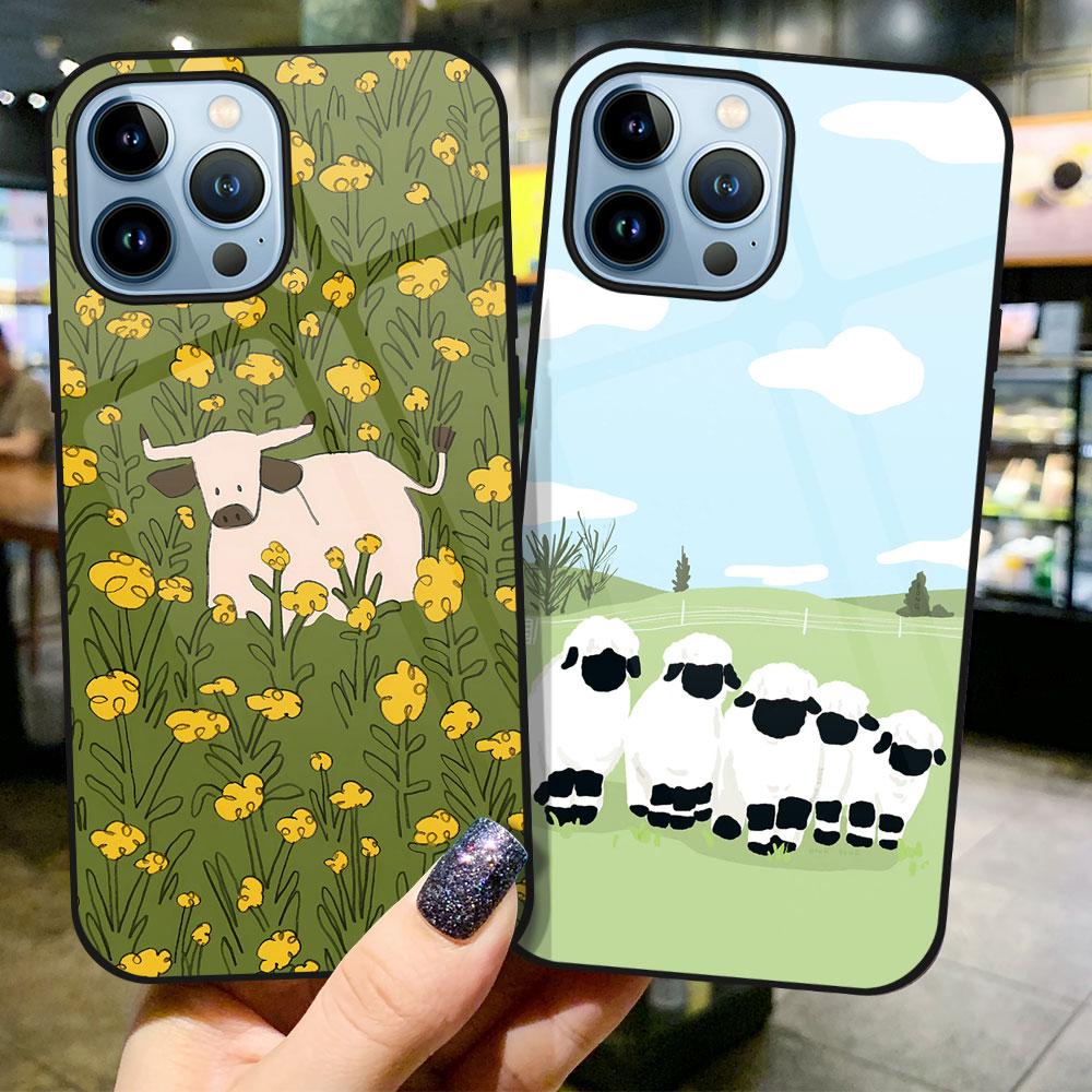Cartoon Sheep Tempered Glass Case For Iphone 14 13 12 11 Pro Max Mini Xs Xr X 7 8 6s Plus Se 2022 Cover Protection Shell Capinha
