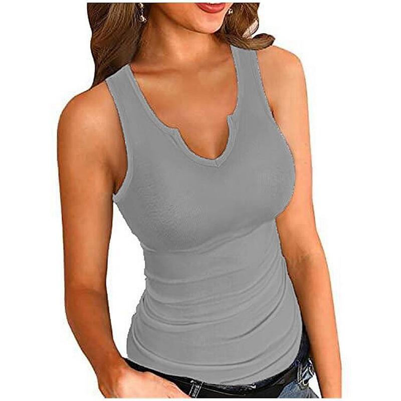 

Женская футболка без рукавов с v-образным вырезом, летняя однотонная майка, повседневный спортивный жилет для фитнеса, пуловер, эластичный топ с внутренней кофточкой S серый