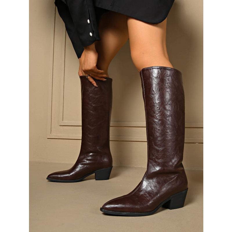 2025 Winter New Slimming Plus Size Mid-heel Skinny Boots Pointed Toe Thick Heel Retro British Style Knight Boots for Women