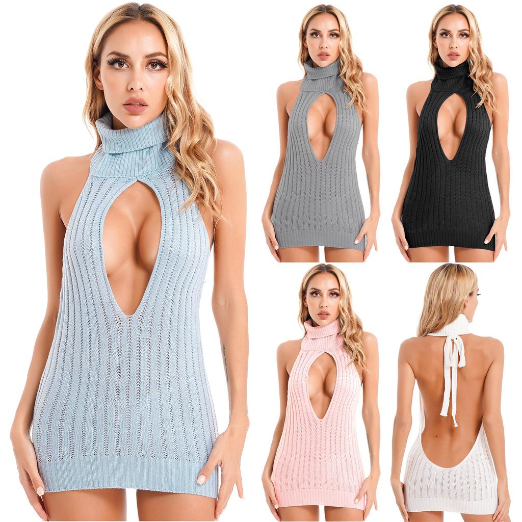 Womens Backless Ribbed Knit Dress Keyhole Lace-Up Mini Clubwear Turtleneck Nightwear