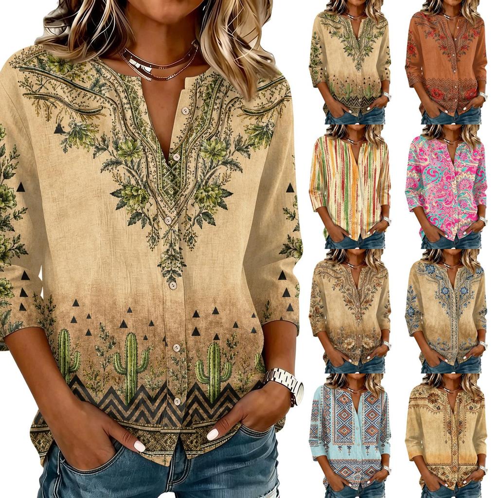 Women's Cotton Linen Printed Shirt with Three-Quarter Sleeves