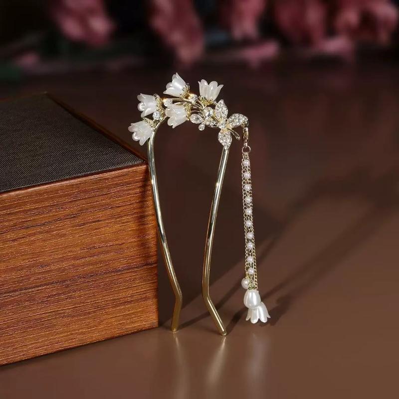 Chinese Hanfu Hair Accessories Long Tassel Vintage Lily Of The Valley U-Shaped Hairpins Flower Handmade Hair Sticks For Women