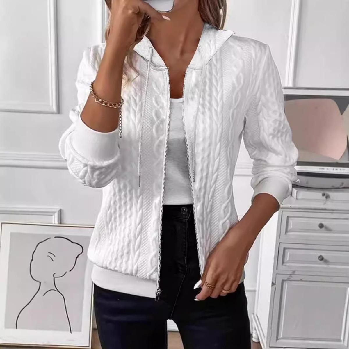

Женская повседневная куртка, V-образный вырез, длинные рукава на молнии, застежка спереди, однотонная куртка, куртка на молнии S белый