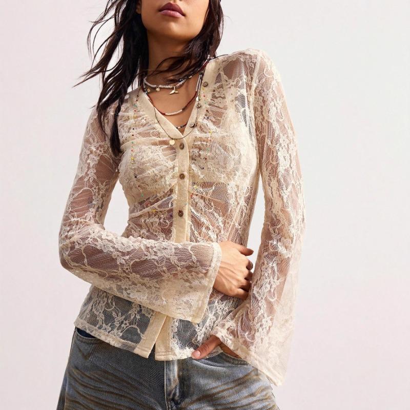 2025 New Autumn Lace Shirt Slim Fit Niche Design Commuting Slightly See-through Top for Women