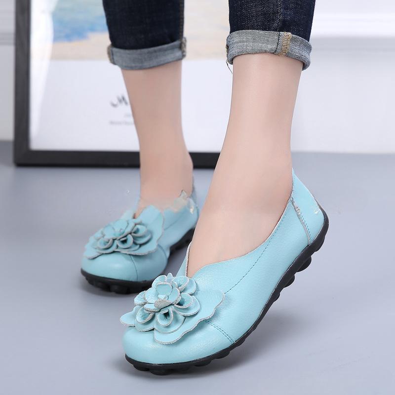 Vår og Sommer Kuskinn Blomst Mamma Sko Komfortable Erter Damesko Flate Fire Sesonger Flate Sko Dames Enkelsko