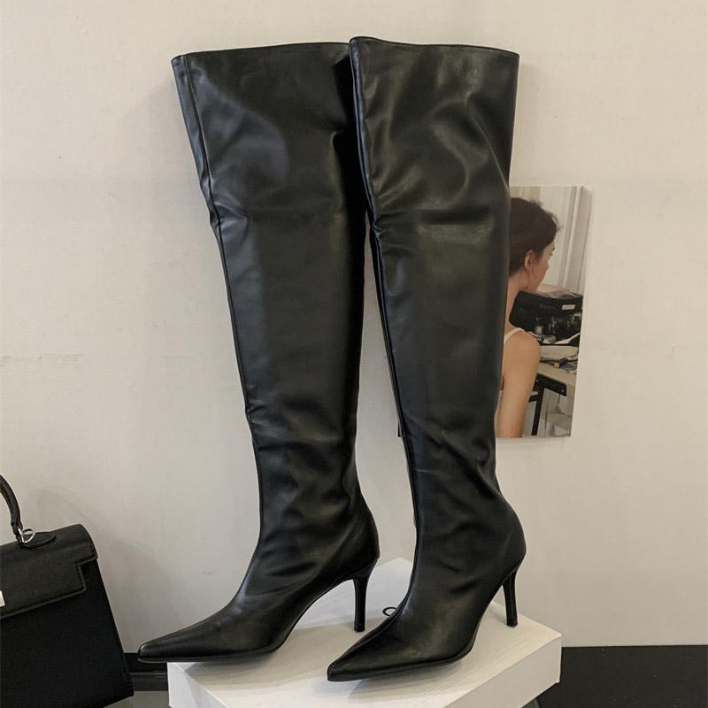 Pesstwei Fashion Design Thin Heels Long Shoes Autumn Winter Pleated PU Soft Leather Pointed Toe Over The Knee Boots Women 35 чёрный