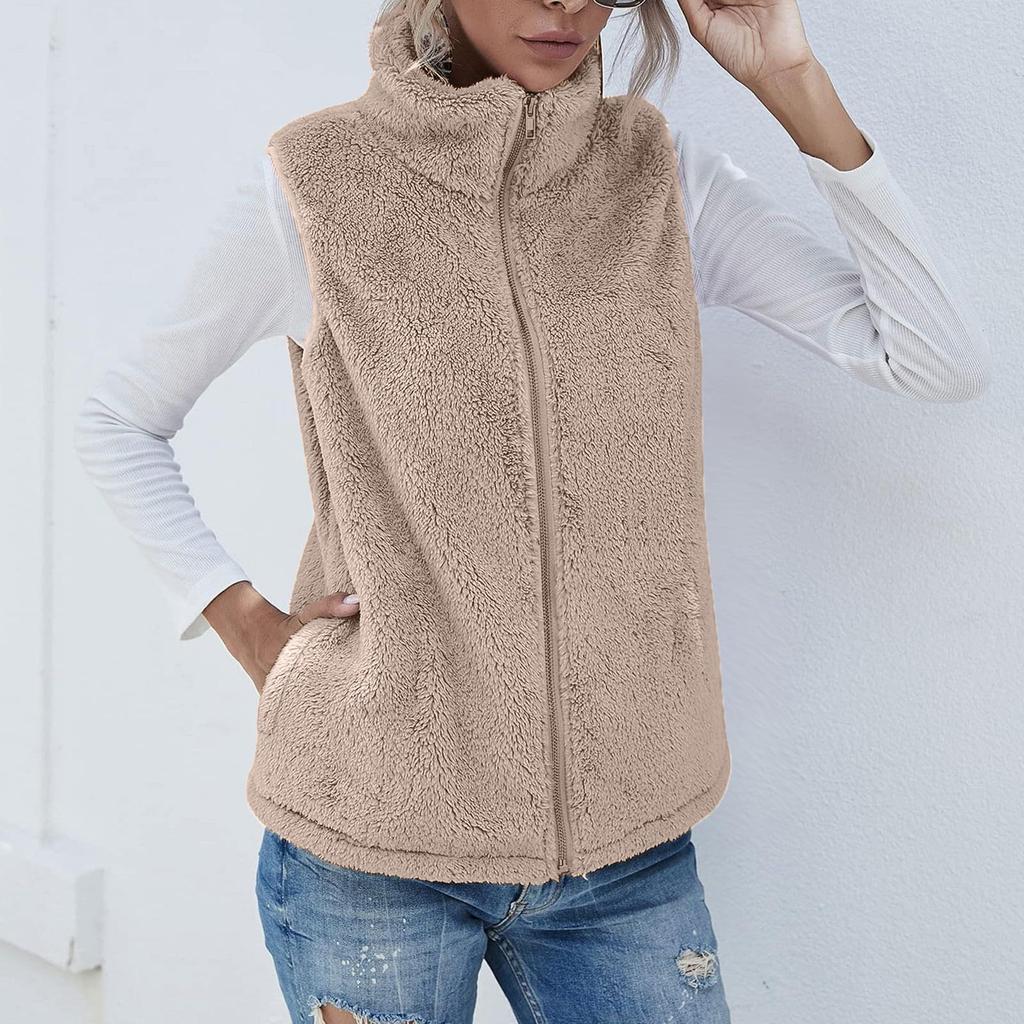 Women's Fashion Solid Color Loose Sleeveless Plush Zipper Coat