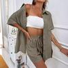 Women's Solid Color Short Sleeve Casual Shirt & Shorts Set - Loose & Stylish Two-Piece