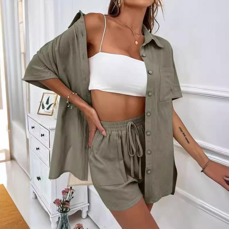 Women's Solid Color Short Sleeve Casual Shirt & Shorts Set - Loose & Stylish Two-Piece