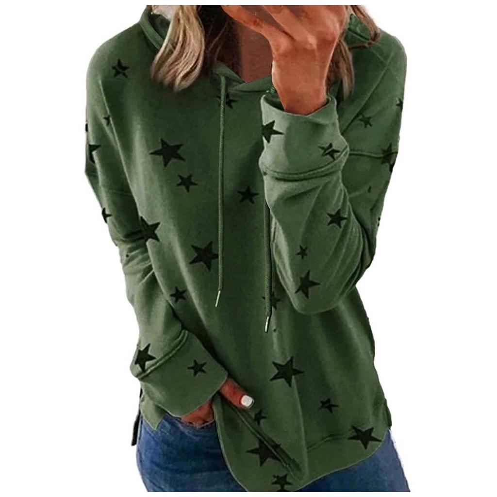 Women Fashion Hooded Star Print Patchwork Long Sleeves Tops Blouse Sweatshirt