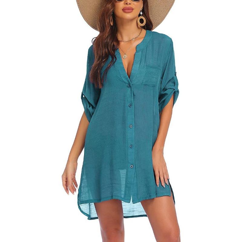 Sommer Damen Übergröße Strickjacke Hemd Bluse Kleid Mini Kurzes Kleid Sonnenschutz Strandhemd