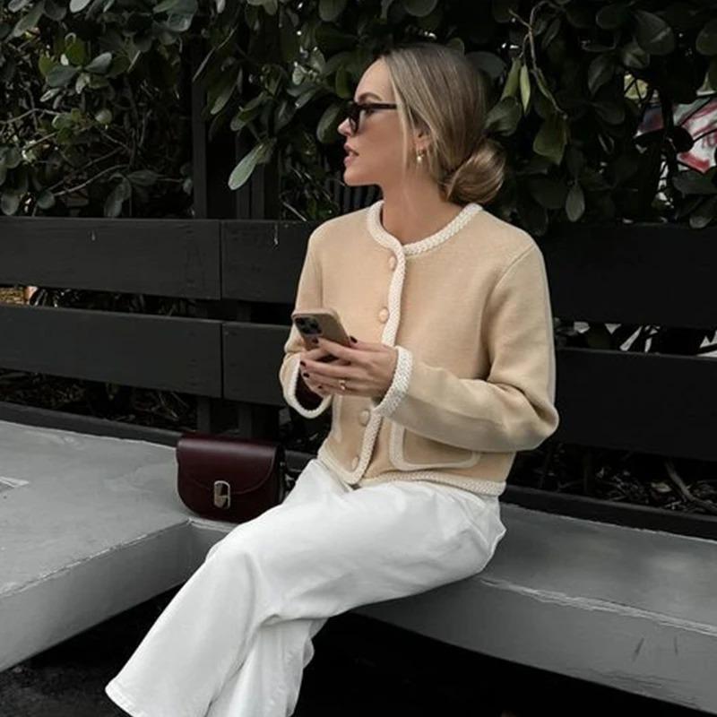 Elegant Patchwork Short Coat Women Slim Contrast O-neck Long Sleeve Single Breasted Pockets Jacket 2024 Autumn Lady Top Outwear