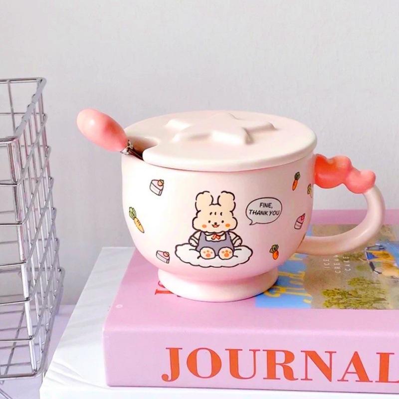Cartoon Bear Coffee Cup High Value Mug with Cover Spoon Pink Rabbit Ceramic Cup Couple Cup