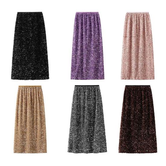 Women Skirt Solid Color Shiny Sequin Decoration Midi Skirt Elastic High Waist Back Slit Design Skirt Beach Weddings Skirt