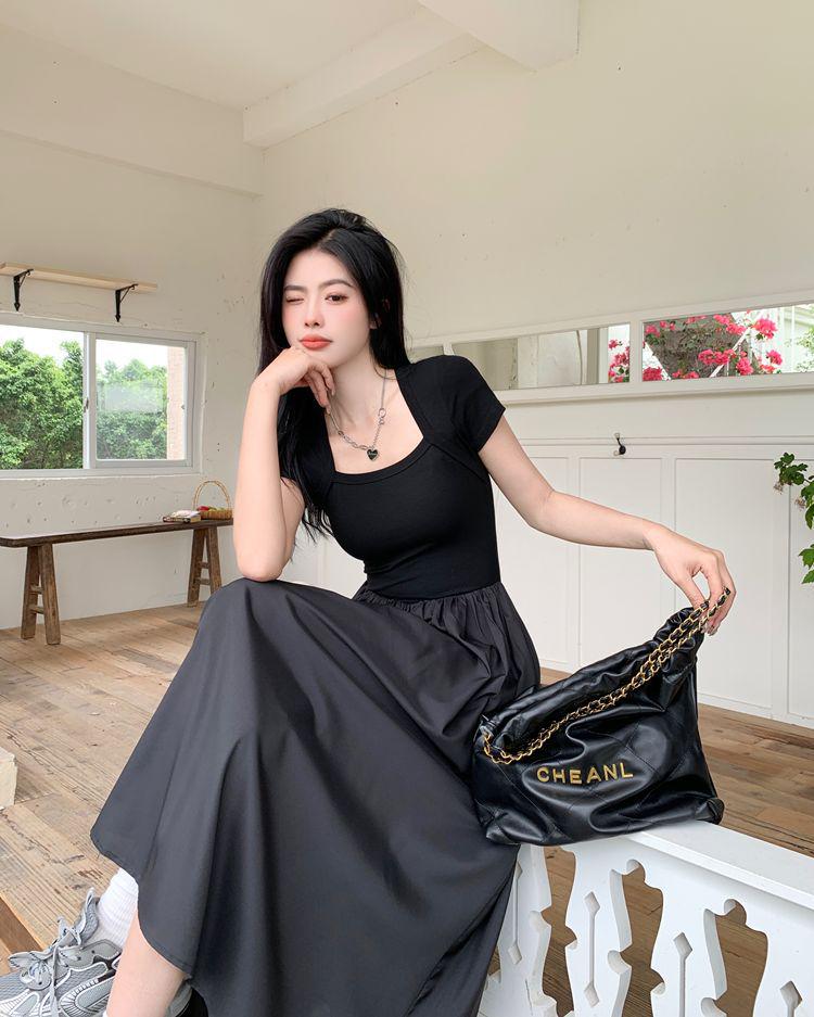 Hepburn Style Square Neck Black Slimming Spliced Dress