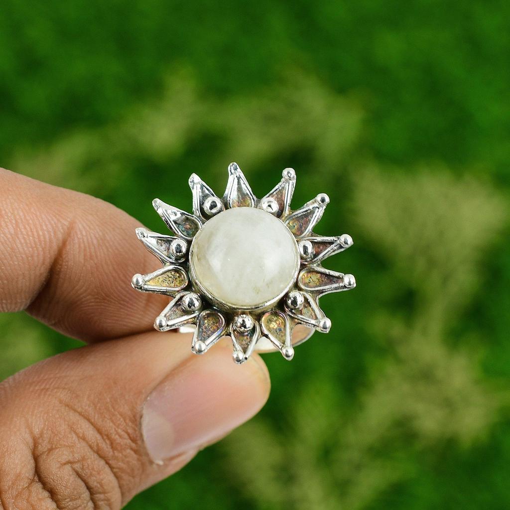 Womens day Sale Natural Rainbow Moonstone Flower Promise Ring Jewelry 925 Silver