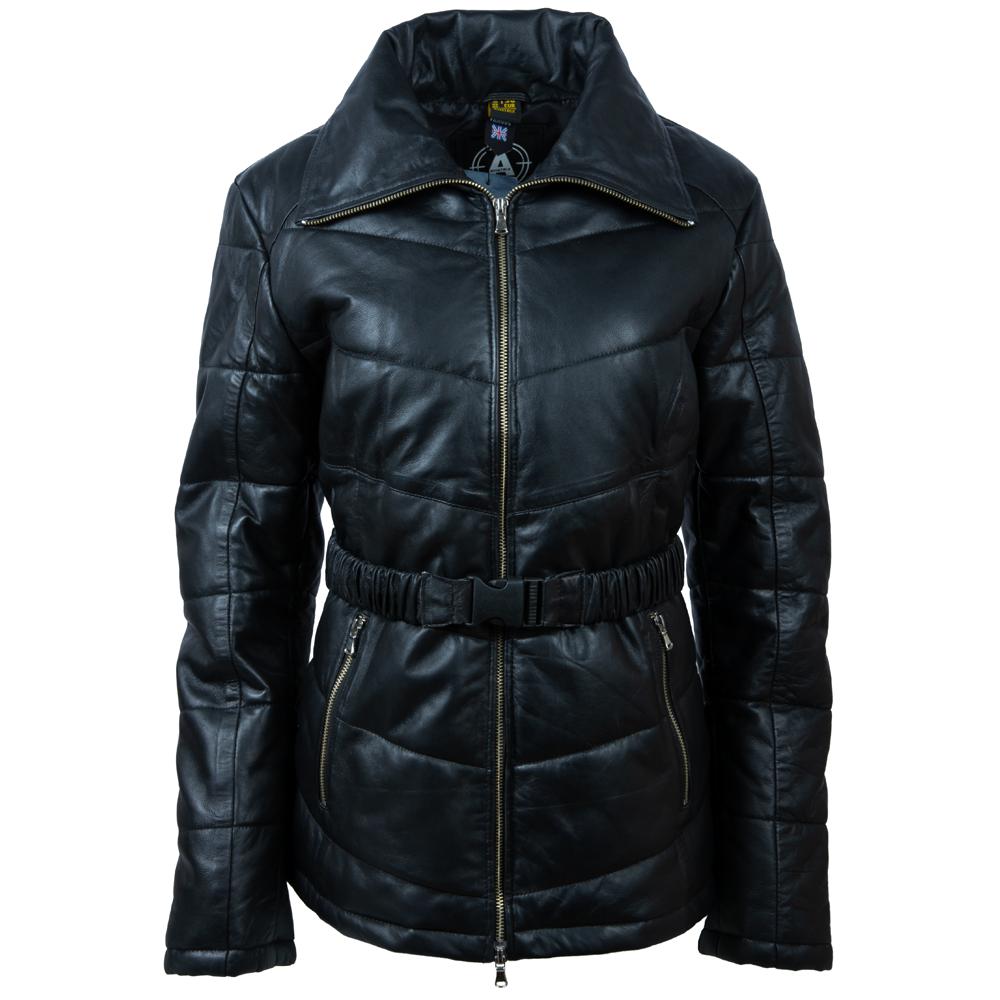 AVIATRIX Women's Real Leather Puffer Jacket (KDFX) - Black
