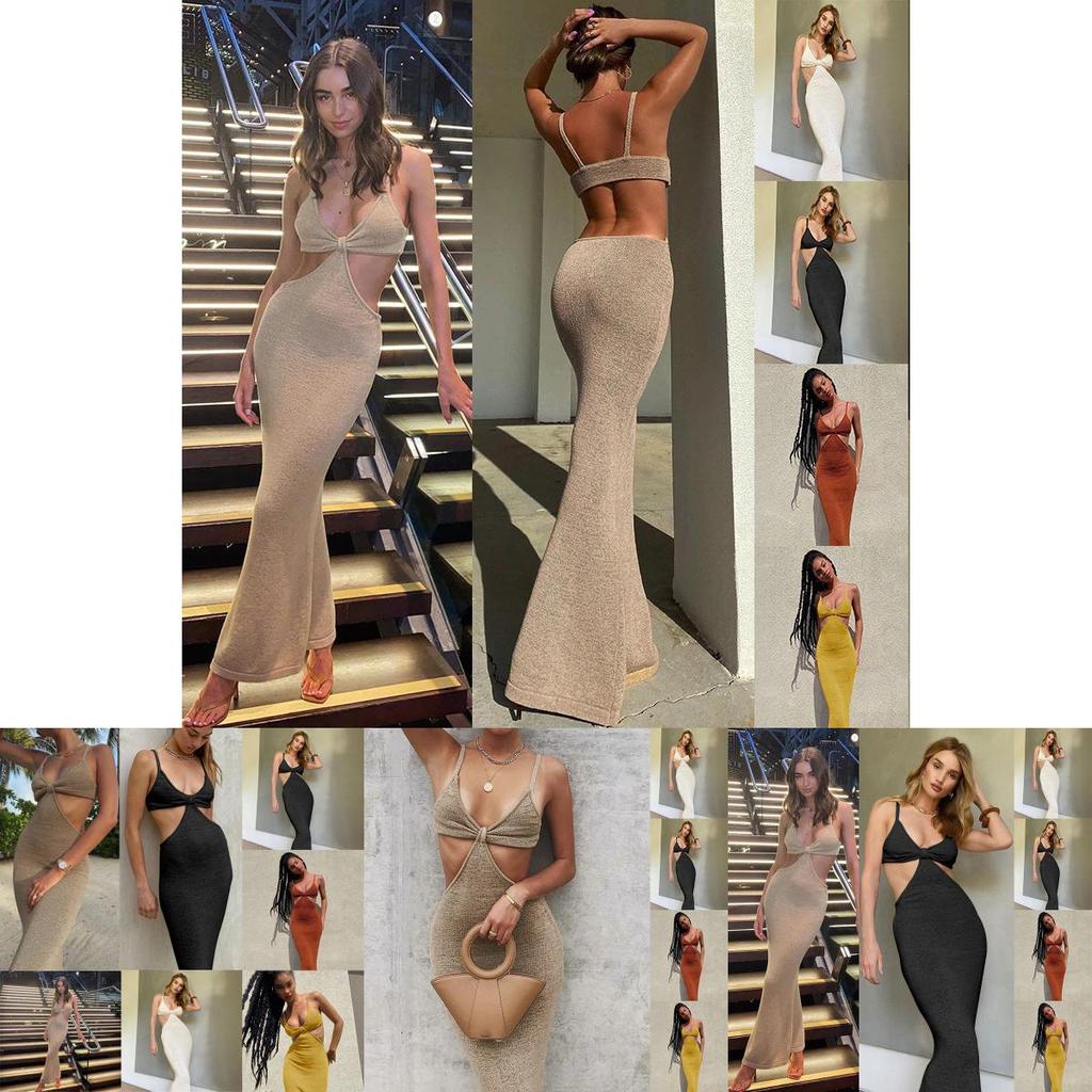 Spaghetti Maxi Dresse Strap Hollow Out Bodycon Dress Backless Cut Out Dress Wrap