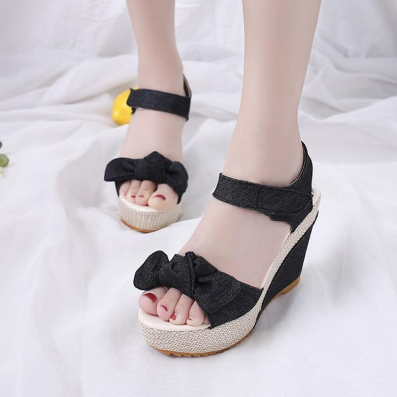 Women's Summer Slope Heel Bow Open Toe Velcro Fashion Fish Mouth Thick-soled High-heeled Sandals