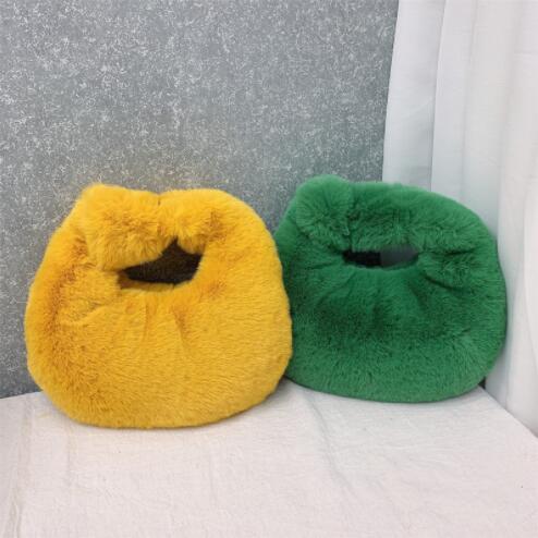 Women Luxury Plush Half Moon Bag Fashionable Furry Short Handle Evening Clutch Warm Soft Handbag