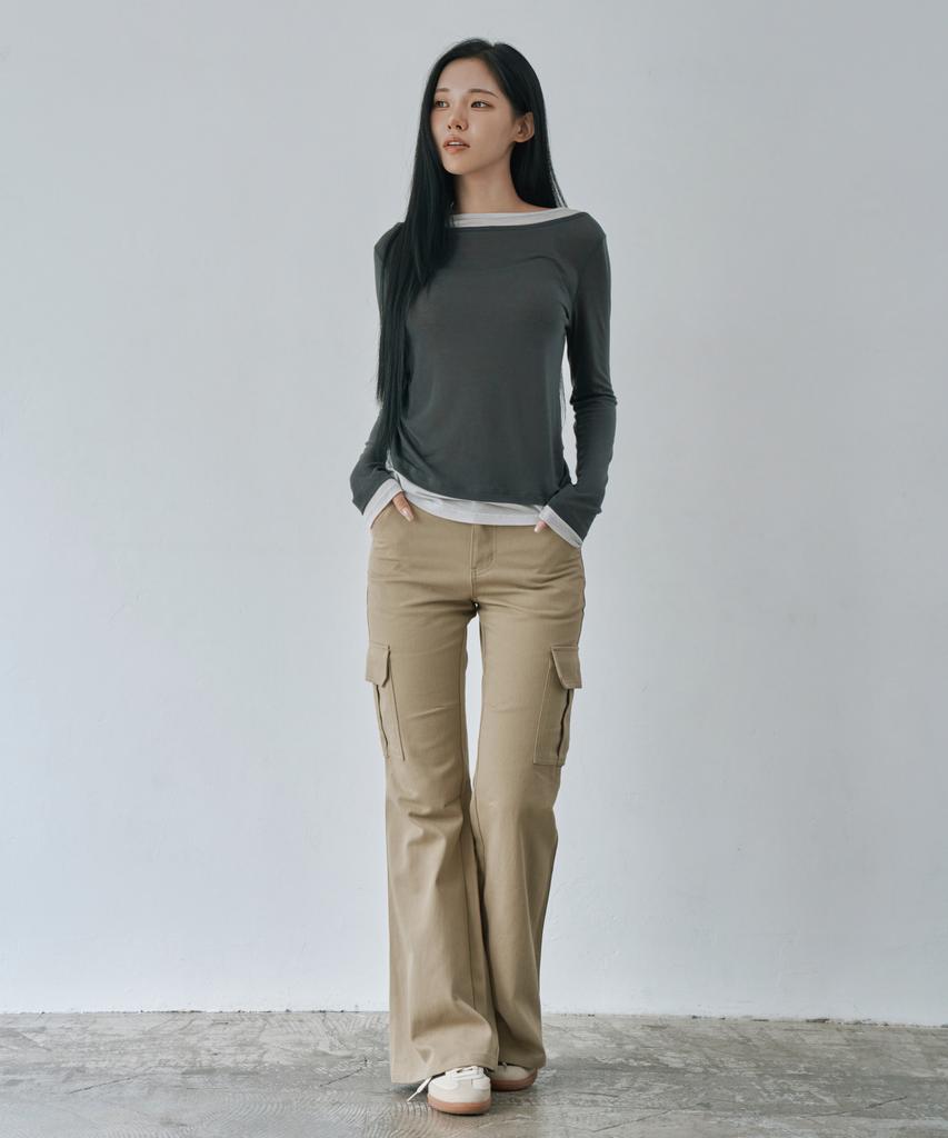 WAARFORWOMAN W1154 D-Ring Cargo Bootcut Pants_Beige
