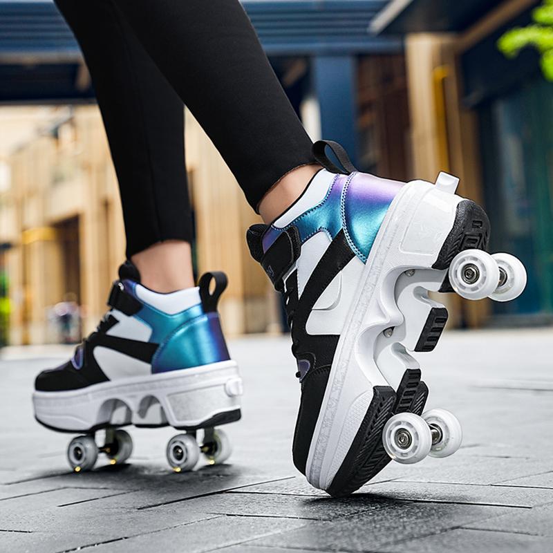 Kids Roller Skates Shoes 6-15 Years Old Four-wheel Deformation Can Walk Can Skate Skates Girl Runaway Shoes