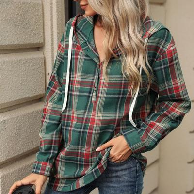 Fashion Plaid Hoodie for Women Ladies Autumn Winter Clothing Casual Loose Long Sleeve Hooded Button Checkered Jacket