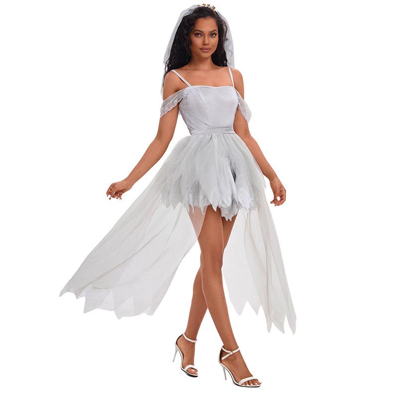 Bride Ghost White Gauze Long Dress Cosplay Costume Halloween Party Play Role