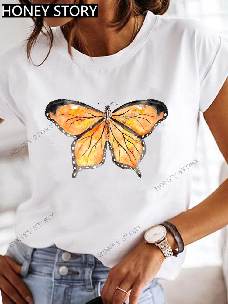 Dragonfly Butterfly Print Base Top Loose Women's Short-sleeved T-shirt Round Neck Oversized T Shirt  Women Clothes