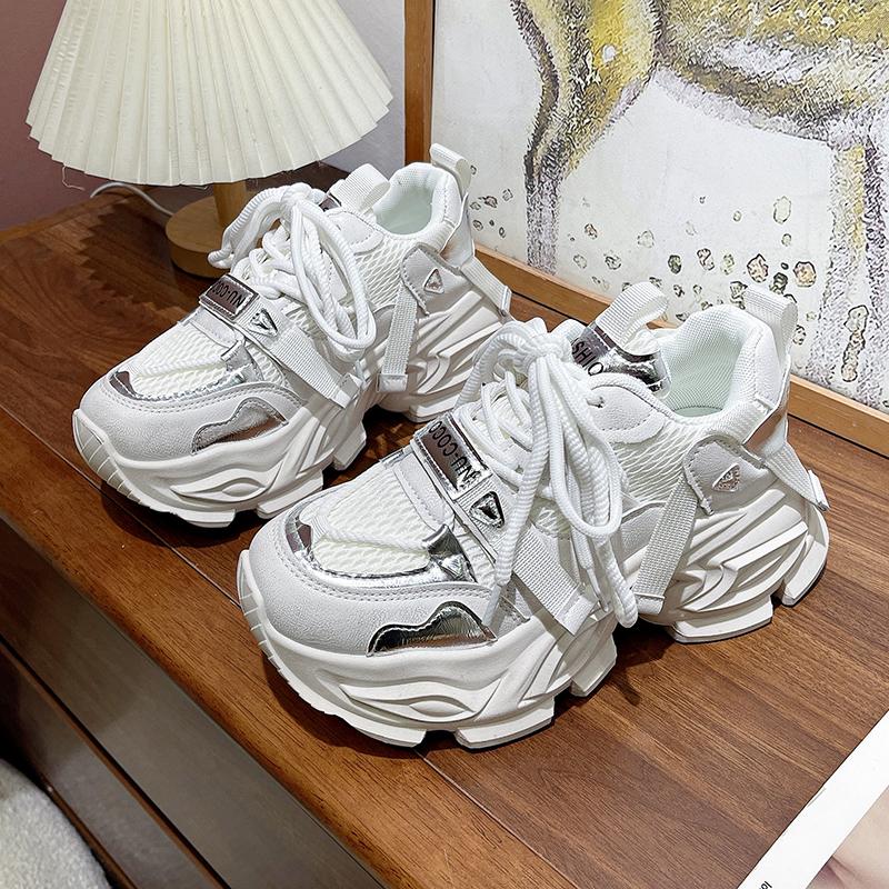 Fashion Summer Shiny Sequins Chunky Platform Sneakers Women Breathable Lace Up Height Increase Shoes Woman Fashion Cute Pink Sneakers