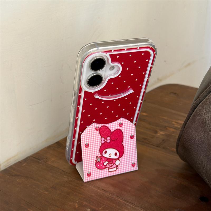 Aesthetic Red Strawberry My Melody Phone Case For iPhone 17 16 15 14 Pro Max Cute Polka Dot Gingham Stand Protective Cover for W