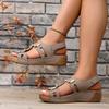 Fashion Ankle Strap Women Sandals Casual Wedges Mid Heels Shoes Women Solid Leather Hook & Loop Summer Sandals Plus Size