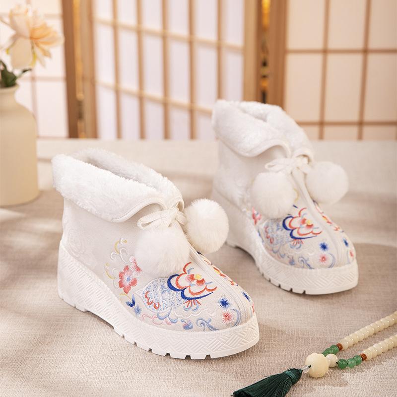 Winter Warm Snow Boots for Women Chunky Platform Non-Slip Faux Fur Lined Embroidered Ankle Booties Shoes Women's Comfortable Fuzzy Walking Short Boots