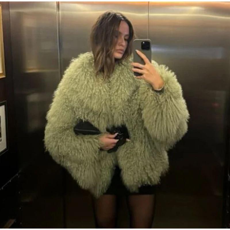 

Розкішна пухнаста куртка зі штучного хутра Жіноче пальто великого розміру з довгим рукавом і лацканами з плюшу Осінь-зима Шикарний жіночий верхній одяг L зелений