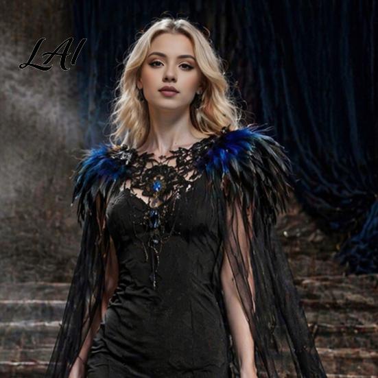 Gothic Shoulder Wrap Feather Cloak for Men Women Halloween Tulle Cape with Dance Performance Shawl Shrug Witch Cosplay Costume Party Festival Outfit