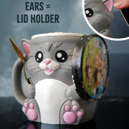 Cat Ice Cream Pint Holder with Spoon Reusable Pint Sleeve for Ice Cream Soda Beer Cans Holder Comfortable Grip Dessert Table Accessory