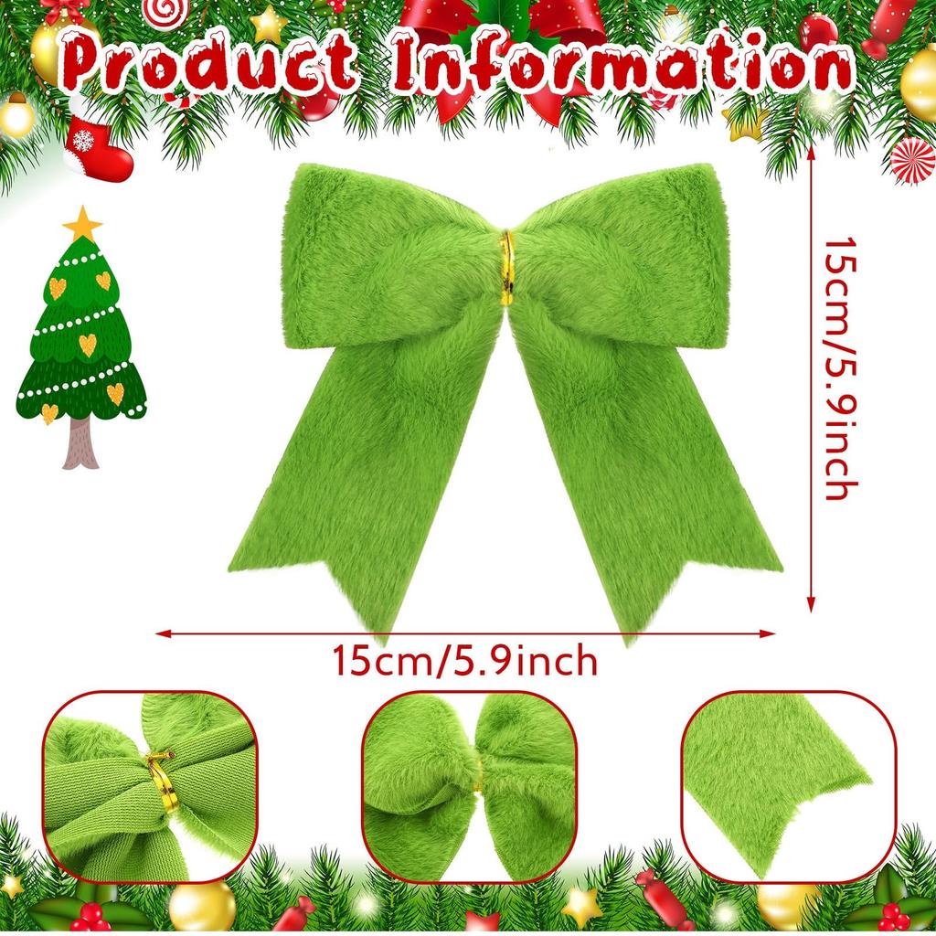 Christmas Bow 12-Piece Set Green Plush Style Festive Holiday Christmas Tree Decor Gift Ornament Christmas Party Home Decor