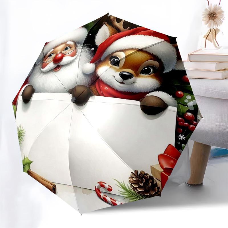 

1pc Christmas Santa & Reindeer Festive Decoration with Automatic Opening Folding Umbrella, 8 Bone Iron Frame, Outdoor, Perfect Gift for Fans, Traveler