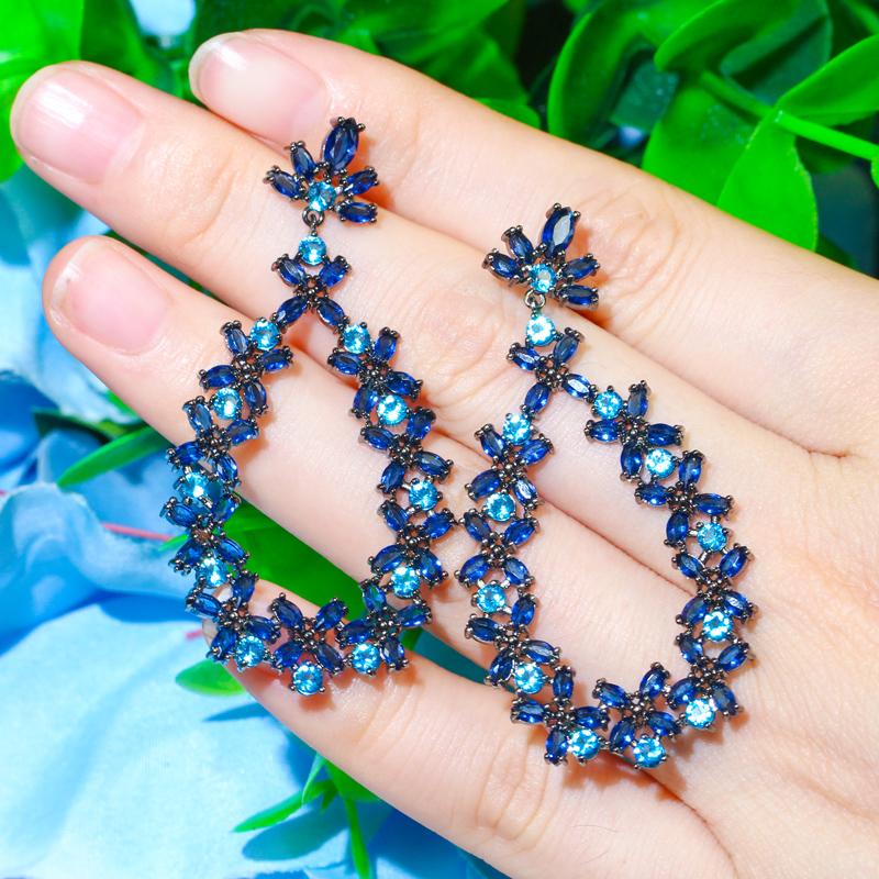 WWJ Black Golden Color Sparkly Sapphire CZ Zircon Cluster Flower Drop Earrings