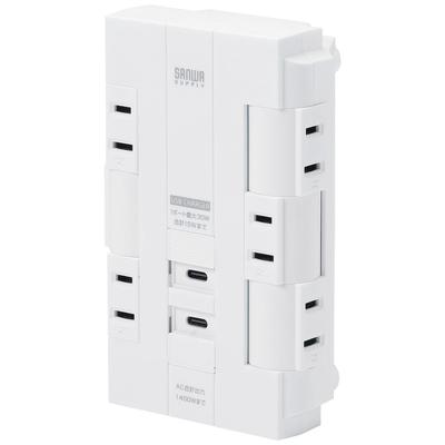 Sanwa Direct 6-Outlet Power Strip with USB-C, PD Compatible, 2 Ports Maximum 30W, Rotating Branching, Centralized Switch, White, 700-TAP046CW