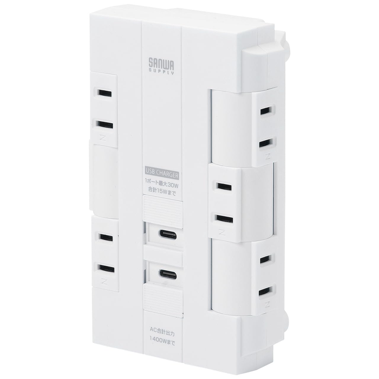 

Sanwa Direct 6-Outlet Power Strip with USB-C, PD Compatible, 2 Ports Maximum 30W, Rotating Branching, Centralized Switch, White, 700-TAP046CW