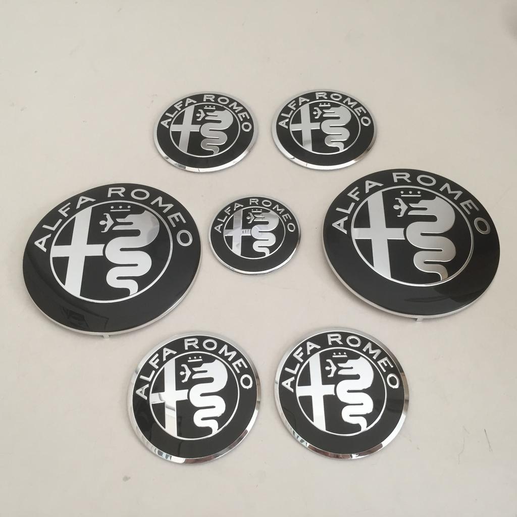 7pcs forAlfa Romeo Car emblem Wheel Cover caps front Hood badge rear Trunk Steering sticker Styling 2x74mm , 4x50mm,1x40mm