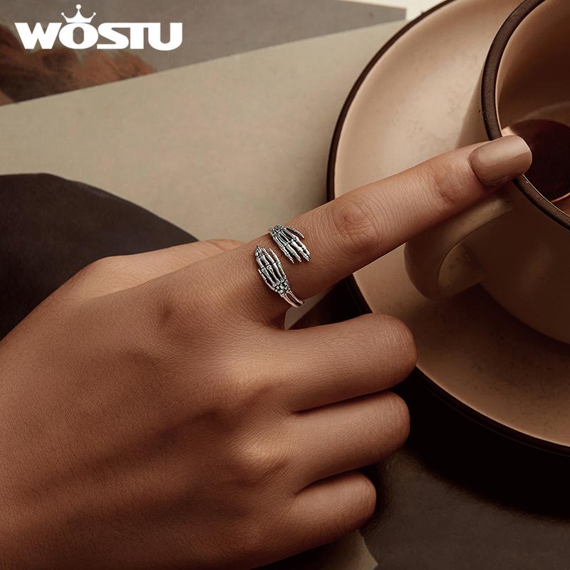 WOSTU Solid Retro 925 Sterling Silver Skull Hand Opening Ring For Women Punk Gift Skeleton Hoop Earrings Halloween Jewelry Set